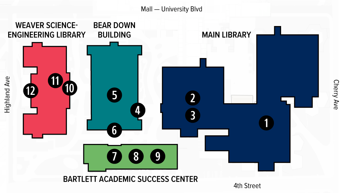 map highlighting the four student success district buildings and 12 tour stops